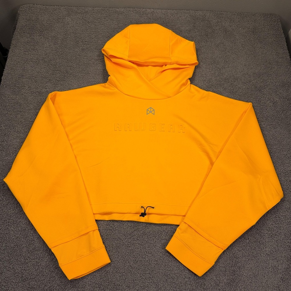 RAWGEAR Hoodie Womens XL Yellow Cropped Drawcord Pullover Oversize Embossed Boxy